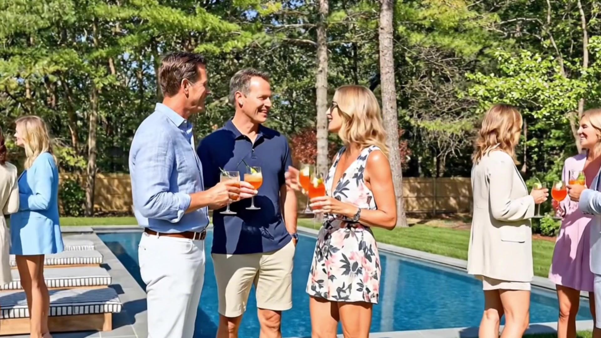 Friends socializing poolside with Aperol spritz cocktails on a sunny summer afternoon, with the pool and tree-lined backyard in the background