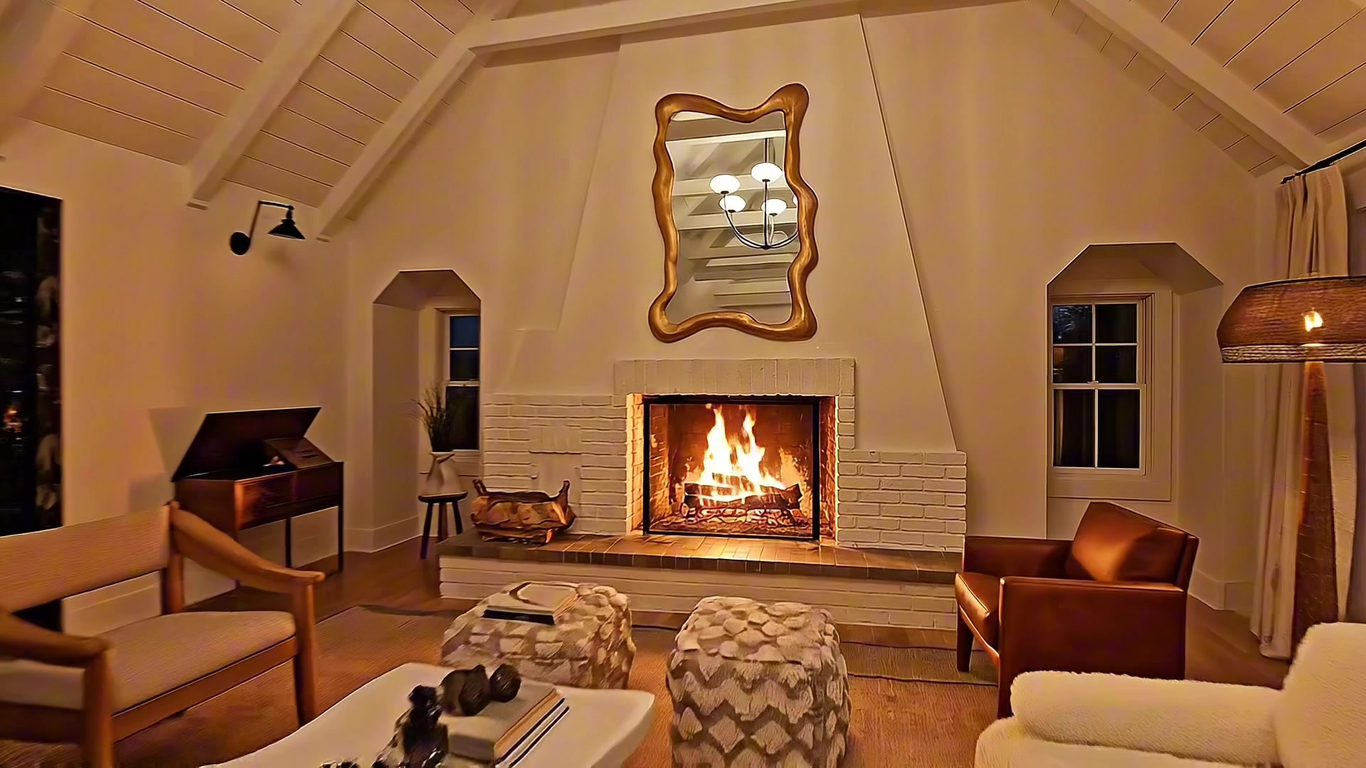 Evening view of the living room fireplace ablaze with warm light, decorative gold-framed mirror above the mantel, leather club chair, and cozy seating arrangement under the vaulted ceiling