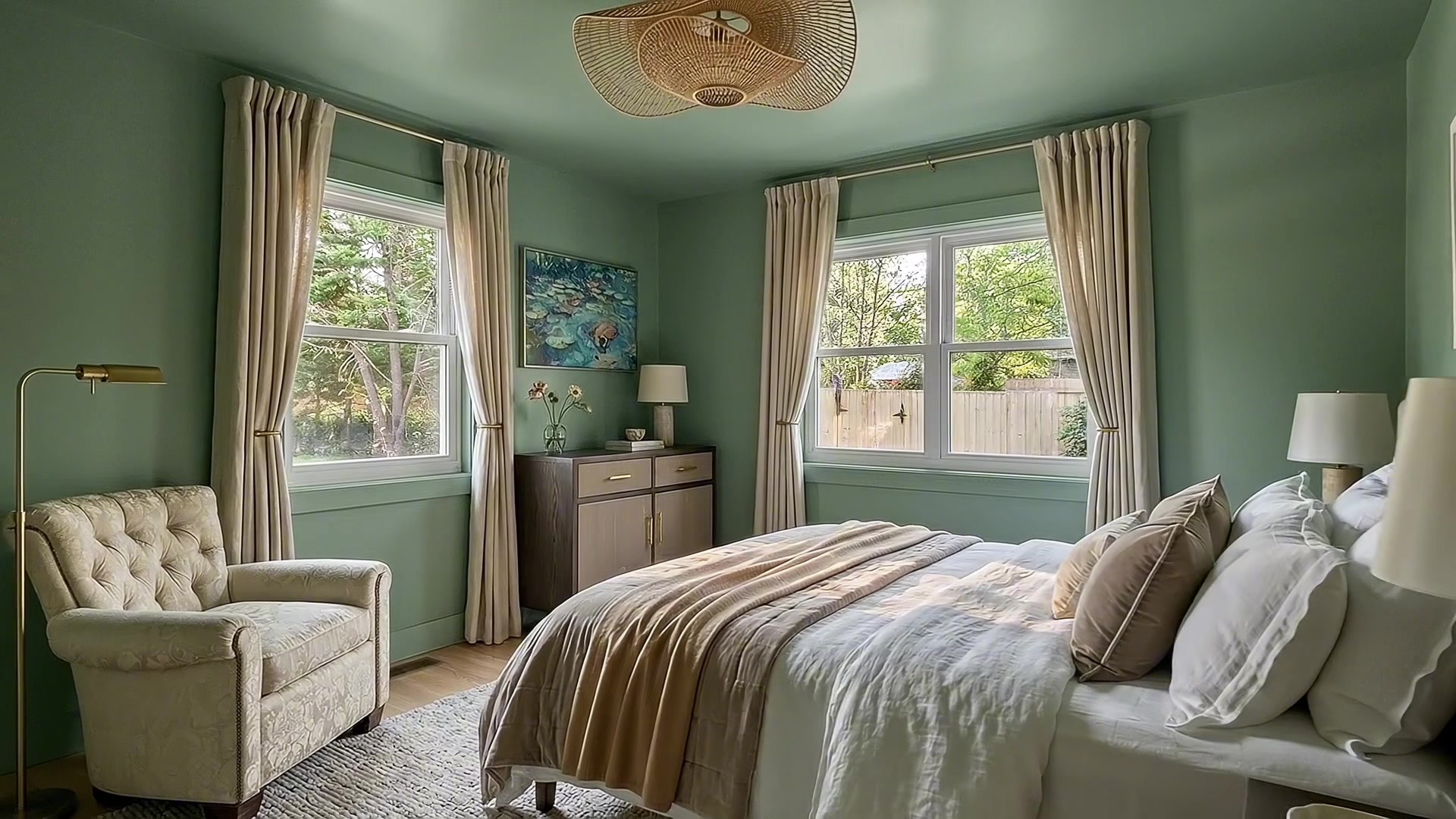 Serene bedroom with sage green walls, queen bed with white linens and gold throw, tufted armchair, rattan ceiling fixture, and sunlight streaming through curtained windows